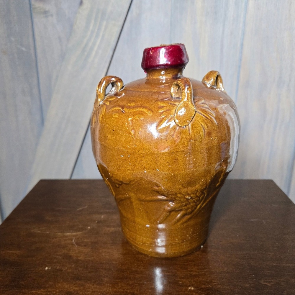 Hand thrown Stoneware Jug Embossed Wheat Floral Rustic Primitive Pottery Crock